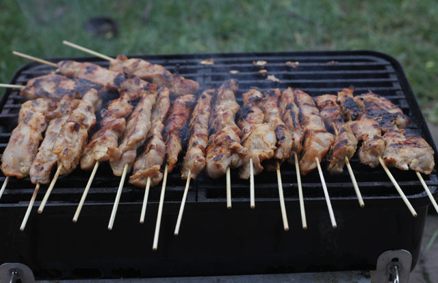 ...wenn die Spieße durchgebraten sind und schöne Röstaromen haben, sind sie fertig. Während dem Grillen die Spieße 1-2 Mal mit Kokosmilch bepinseln...